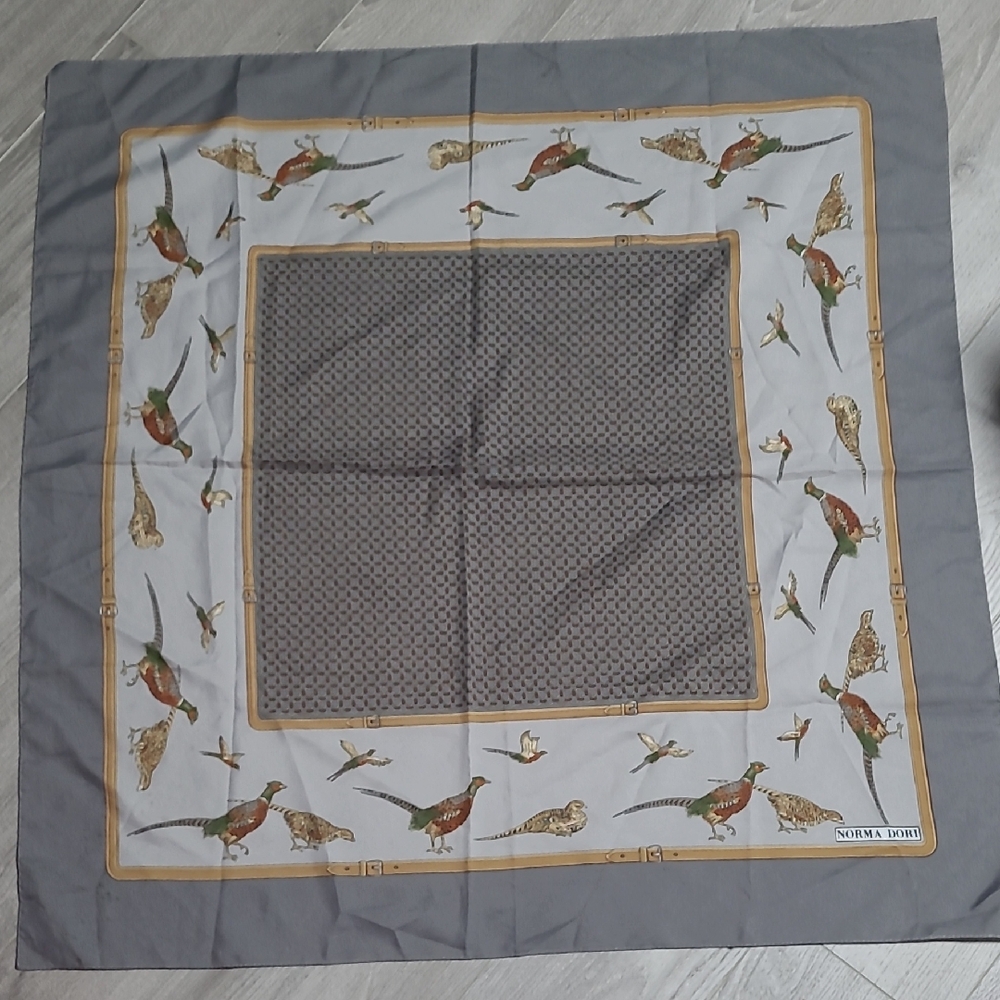Vintage Norma Dori Gray & Multicolor Pheasant Print Silk Scarf